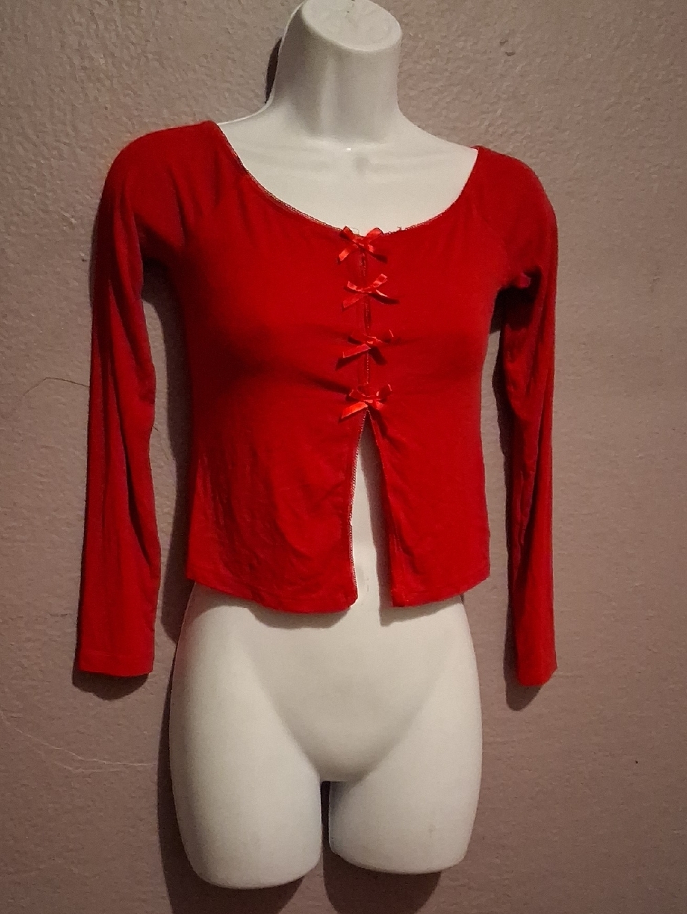 Red Long Sleeve Lace-Up Crop Top